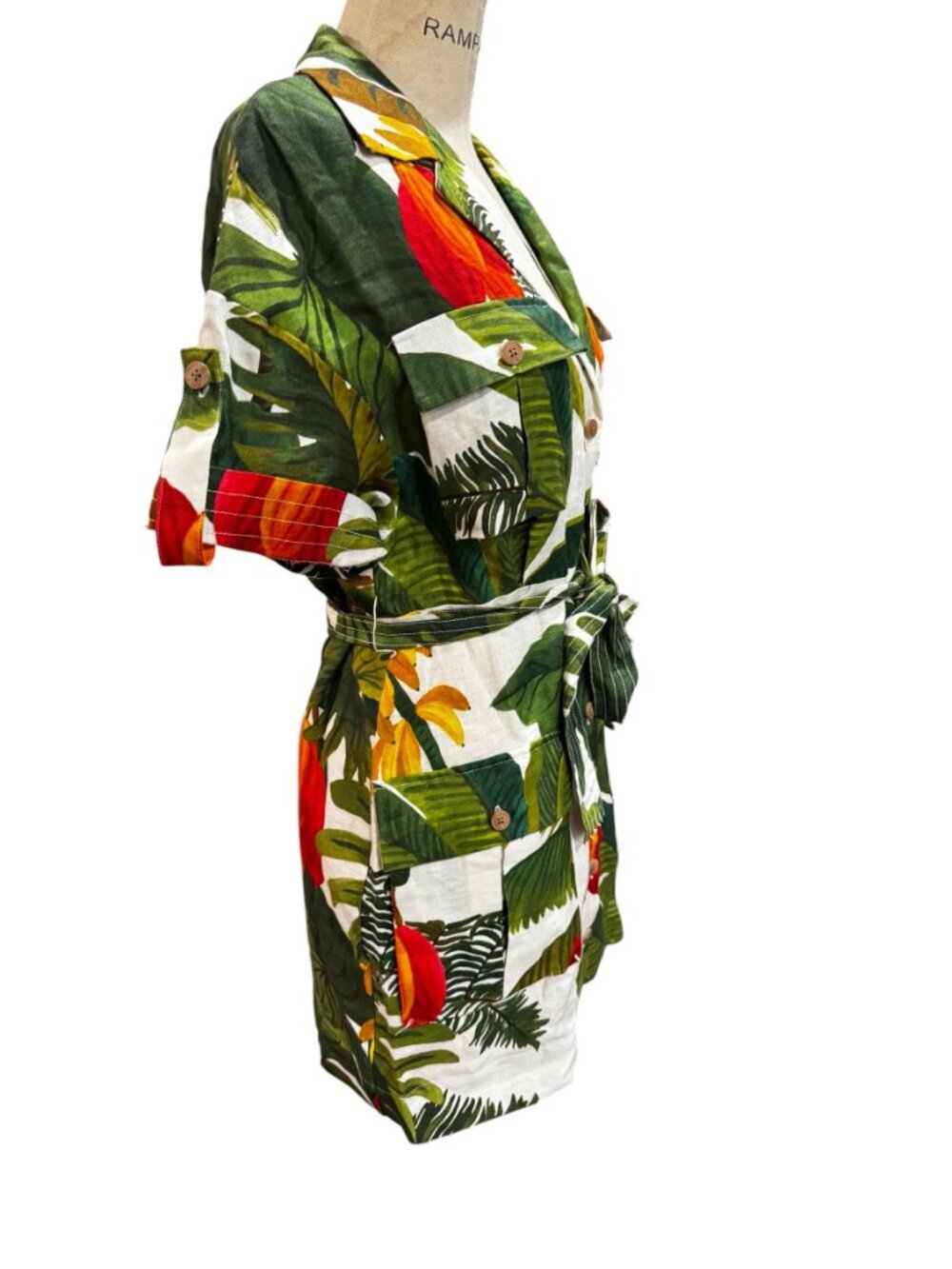 Farm Rio Cocoa Forest Linen Utility Mini Dress Tropical Print Size Small - Picture 6 of 10